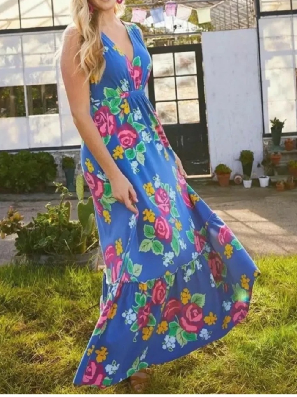 Matilda Jane soft cotton Bright Blue Maxi Dress with Pink Floral Print